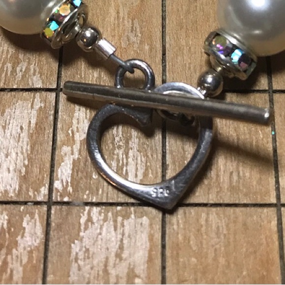 925 Silver Heart Toggle Clasp Bracelet 7”L Costume Pearls, AB Crystal Rings EVC - Picture 3 of 6